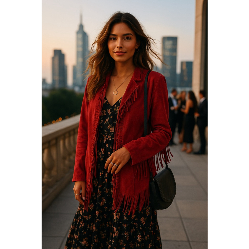 Dialogue Red Leather Fringe Jacket 1X Boho Western Quiet Luxury Festival Suede